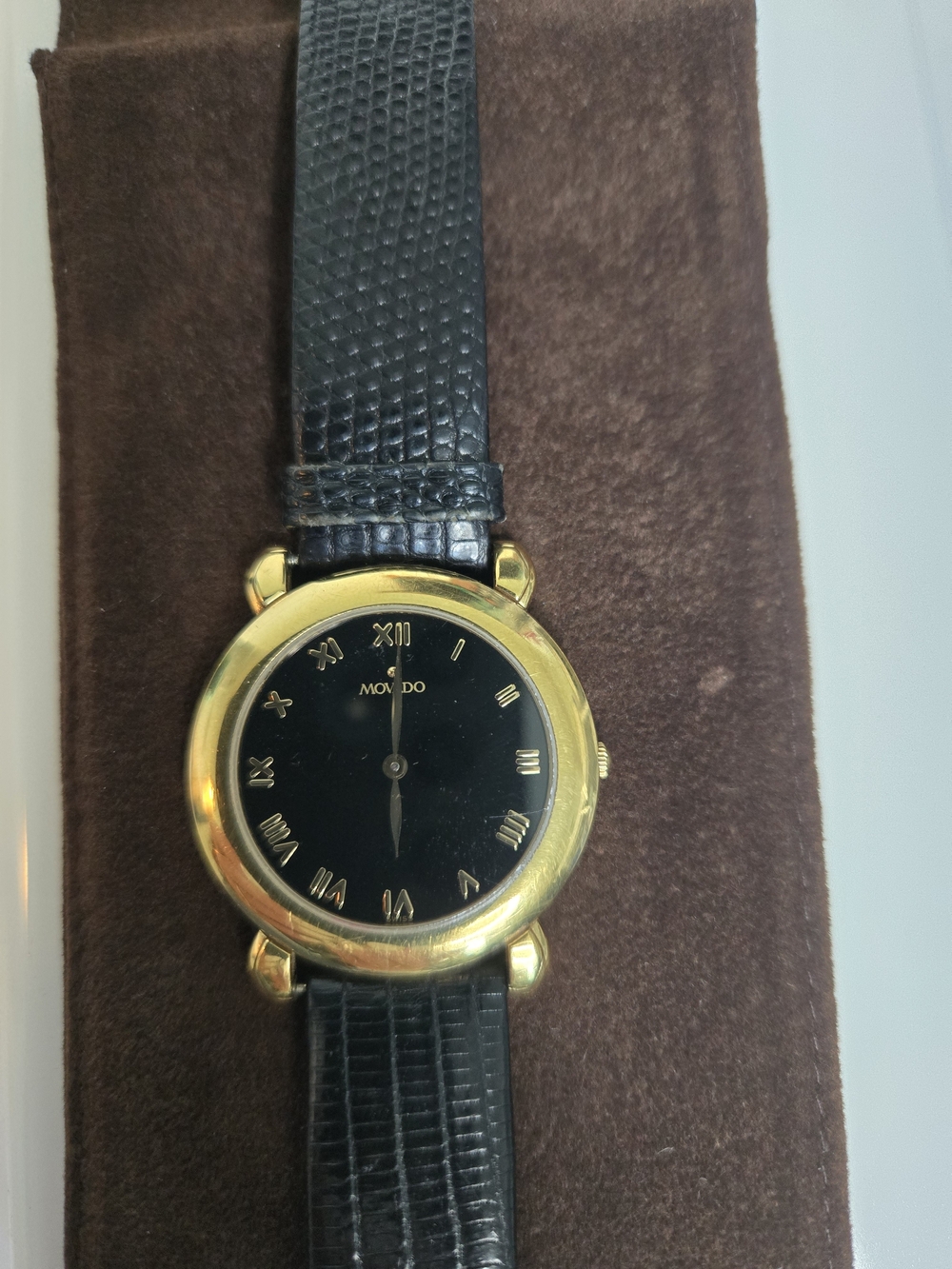 Vintage Movado Museum Roman Numeral Quartz Watch  Gold Plated Case Leather Band